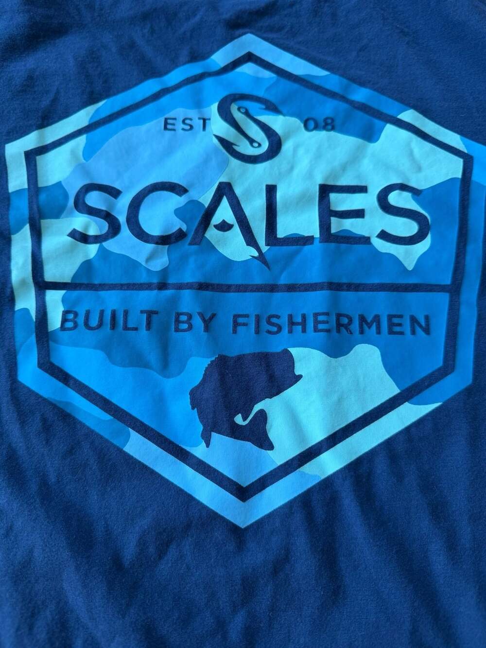 Scales Gear Built By Fishermen Blue Camo Bass Logo Graphic T-Shirt XL